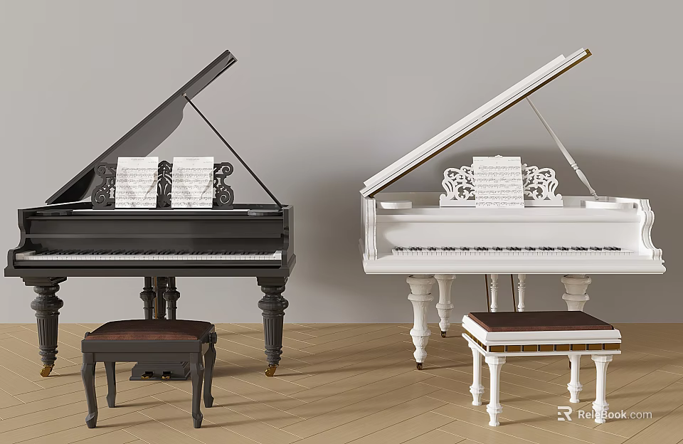 Black And White Grand Pianos With Stools And Sheet Music On Wooden Floor 3d model 