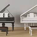 Black And White Grand Pianos With Stools And Sheet Music On Wooden Floor