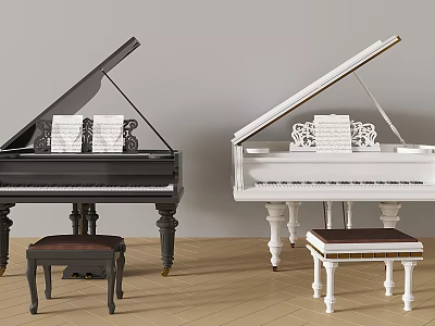 Black And White Grand Pianos With Stools And Sheet Music On Wooden Floor 3d model