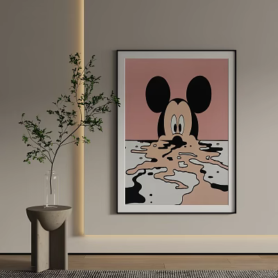 Modern Mickey Mouse Animal Painting With Black Ears Pink Background And Melting Black White Liquid 3d model