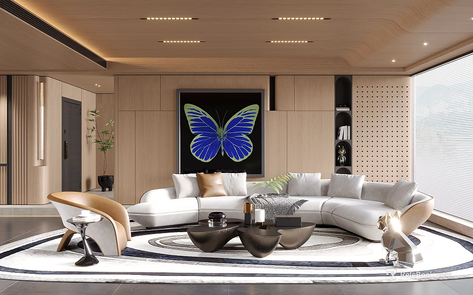 Modern Living Room Interior With White Sofa Blue Butterfly Painting Coffee Tables And Ceiling Lights 3d model 