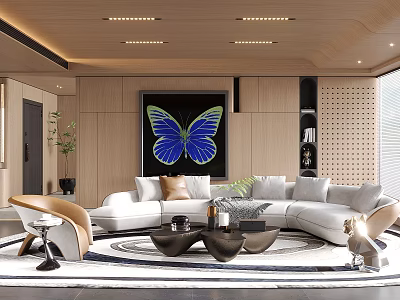 Modern Living Room Interior With White Sofa Blue Butterfly Painting Coffee Tables And Ceiling Lights 3d model