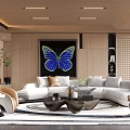 Modern Living Room Interior With White Sofa Blue Butterfly Painting Coffee Tables And Ceiling Lights