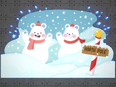 Cute Polar Bears With Red Scarves In North Pole Snowy Scene With Blue Lights 3d model