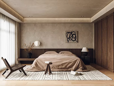 Tranquil Bedroom Interior With Neutral Bedspread Wooden Wardrobes And Abstract Wall Art 3d model