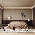 Tranquil Bedroom Interior With Neutral Bedspread Wooden Wardrobes And Abstract Wall Art