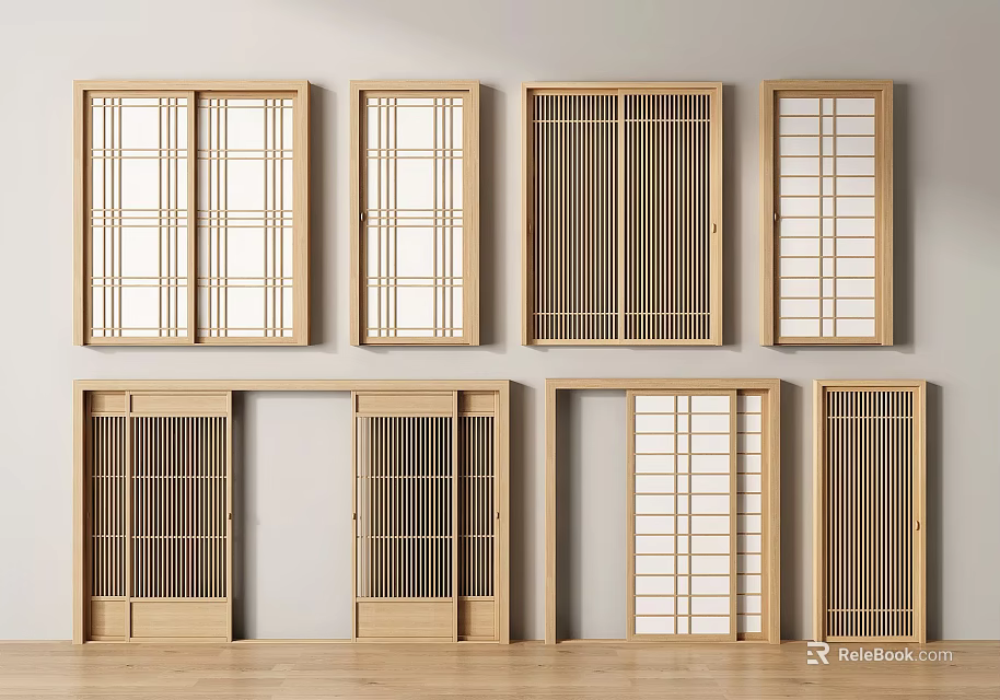 Wooden Sliding Doors With Various Grid Patterns And Multiple Styles For Interior Decoration 3d model