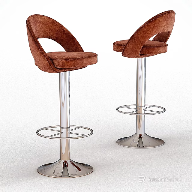 Modern Brown Velvet Bar Stools With Silver Metal Legs And Footrest 3d model 