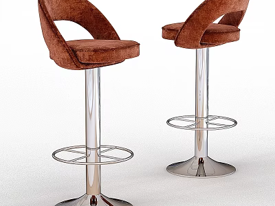 Modern Brown Velvet Bar Stools With Silver Metal Legs And Footrest 3d model