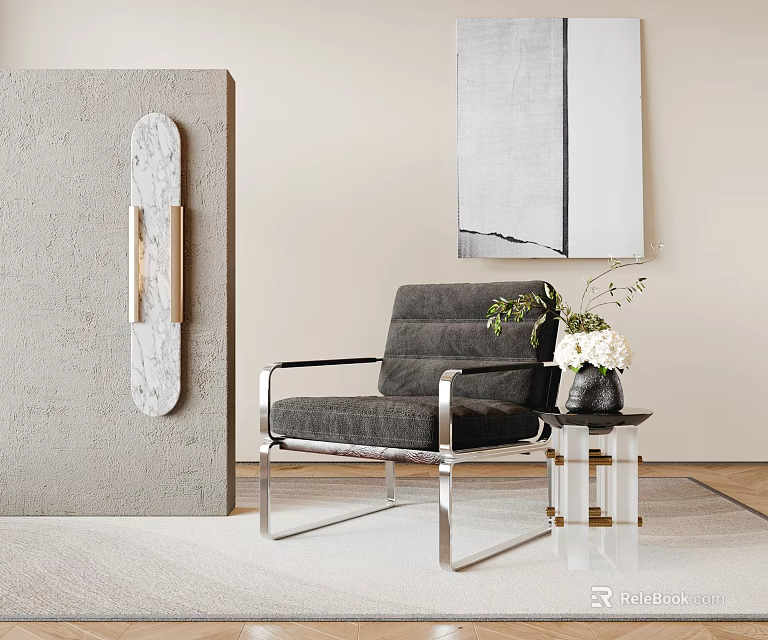 Gray Accent Chair With Chrome Frame Beside Side Table With Flower Vase And Abstract Painting 3d model 