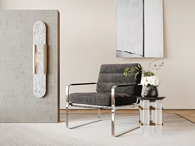 Gray Accent Chair With Chrome Frame Beside Side Table With Flower Vase And Abstract Painting 3d model