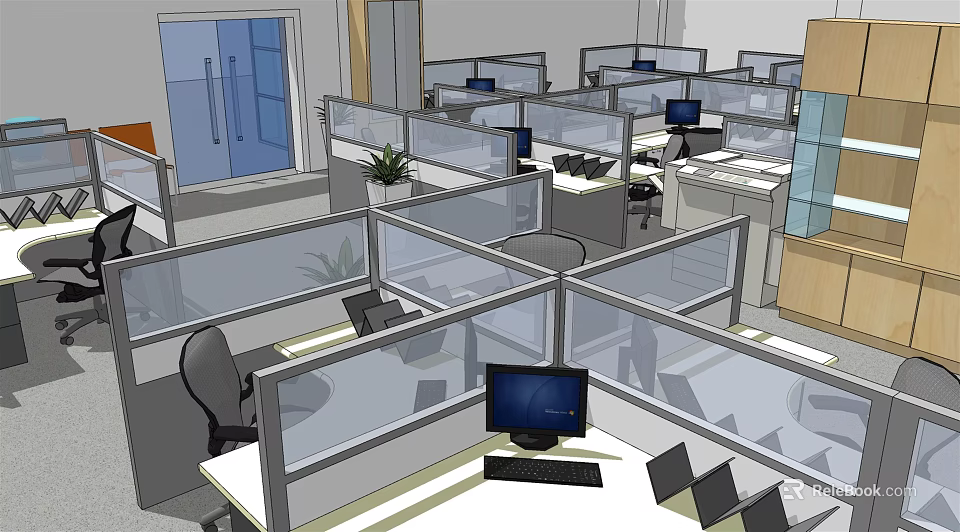 Modern Public Office Area Featuring Cubicles Computers Desks And Potted Plants 3d model