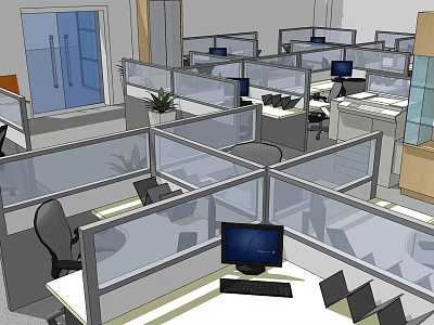 Modern Public Office Area Featuring Cubicles Computers Desks And Potted Plants 3d model