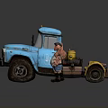 Man in Yellow Hat and Suspenders Waving Hand by Blue Truck