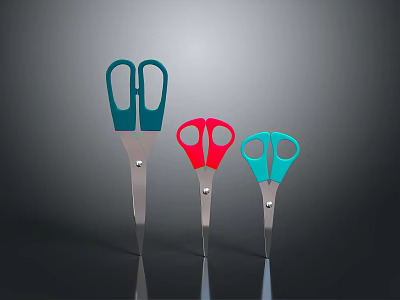Three Different Colored Scissors with Metal Blades and Colored Handles on Dark Background 3d model
