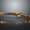 Futuristic Golden Orange Rifle with Green Indicators and Metallic Design Features