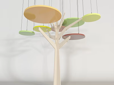 Tree Shaped Decorative Art With Light Wooden Trunk And Hanging Colorful Circular Plates 3d model