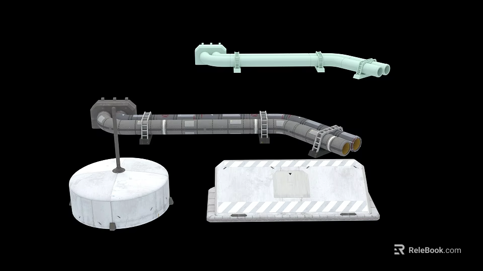 Industrial Equipment Including Light Green Pipe Gray Curved Pipeline White Base And Reflective Strip Device 3d model 