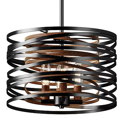 Modern Industrial Chandelier with Black Metal Rings and Wooden Elements Featuring Clear Bulbs 3d model
