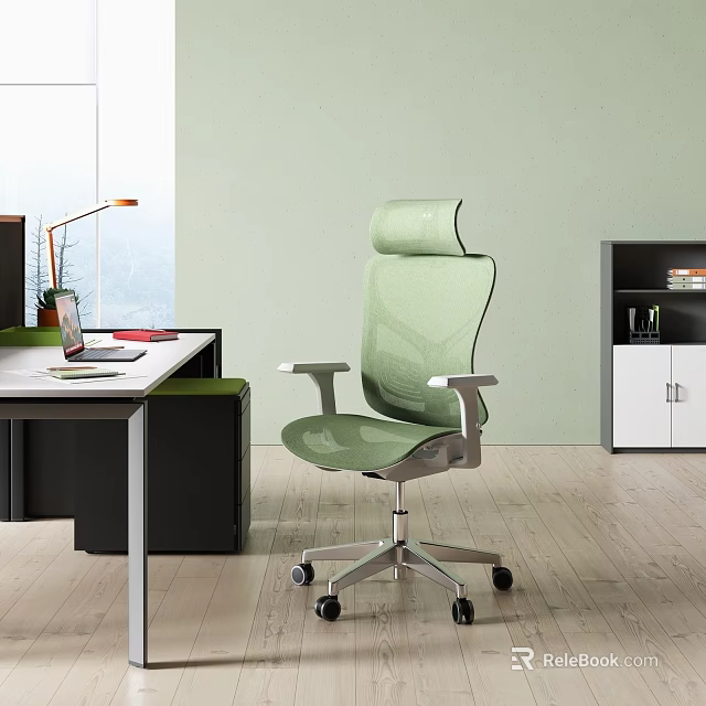 Modern Office Desk Setup With Green Mesh Office Chair Laptop Desk Lamp And Bookshelf 3d model 