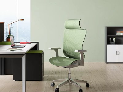 Modern Office Desk Setup With Green Mesh Office Chair Laptop Desk Lamp And Bookshelf 3d model