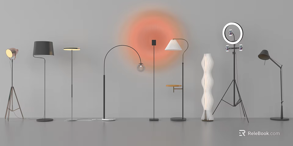 Modern Floor Lamps With Various Designs Including Curved Tripod And Cylindrical Styles 3d model 
