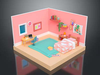 Cartoon Room Scene With Pink Walls Desk Chair Bed And Bookshelf Decorations 3d model