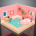 Cartoon Room Scene With Pink Walls Desk Chair Bed And Bookshelf Decorations