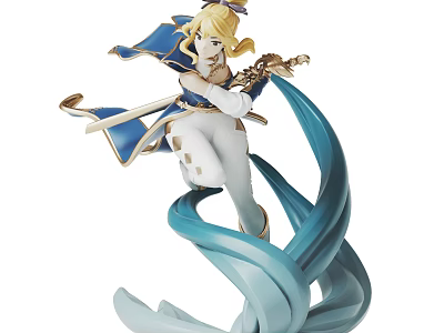 Anime Blonde Character Figurine With Blue White Outfit Holding Weapon And Flowing Elements 3d model