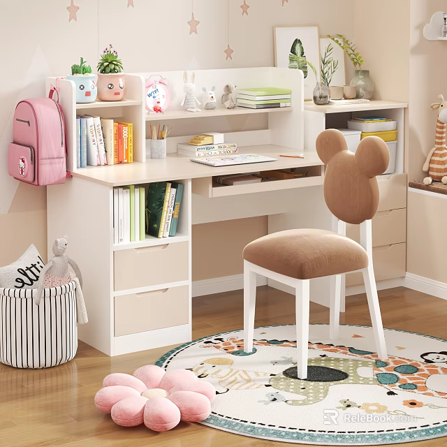 Kids Study Desk With Mickey Ear Chair Bookshelf Books Stationery And Storage On Colorful Rug 3d model 