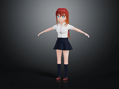 Anime Style 3D Character Model With Red Hair Blue Eyes White Shirt Dark Blue Skirt 3d model