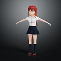 Anime Style 3D Character Model With Red Hair Blue Eyes White Shirt Dark Blue Skirt