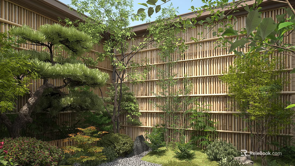 Natural Ornamental Garden Setup With Bamboo Fence Pine Tree Stones And Lush Greenery 3d model 