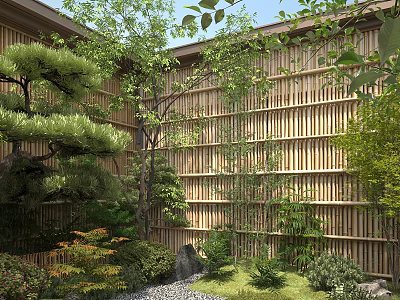 Natural Ornamental Garden Setup With Bamboo Fence Pine Tree Stones And Lush Greenery 3d model