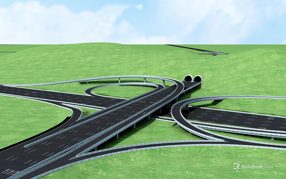 Highway Interchange Bridge with Curved Roads and Green Grassland Under Blue Sky 3d model 