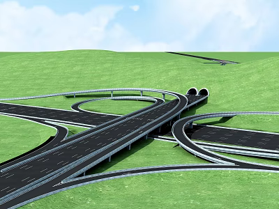Highway Interchange Bridge with Curved Roads and Green Grassland Under Blue Sky 3d model