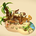 Cartoon Island Scene with Palm Trees Wooden Furniture Seashells and Small Stream
