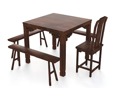 Traditional Solid Wood Square Dining Table With Matching Chairs And Bench 3d model