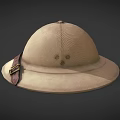 Beige Adventure Style Hat With Wide Brim Brown Leather Strap And Metal Buckle