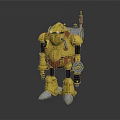 Detailed Golden Mechanical Robot With Glowing Eyes Backpack Device And Metallic Feet