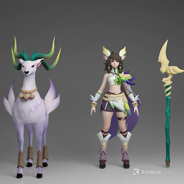 Mythical Game Characters Green Yellow Antlered Deer Female Warrior in White Outfit and Staff 3d model 