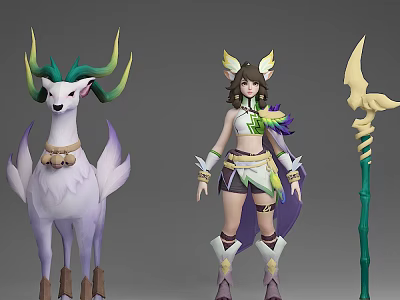 Mythical Game Characters Green Yellow Antlered Deer Female Warrior in White Outfit and Staff 3d model