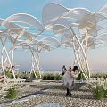 Modern Garden Landscape With White Arch Structures People Resting And Green Plants