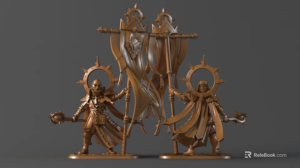 Two Golden Armored Knight Sculptures Holding Banners With Halos On Pedestals 3d model
