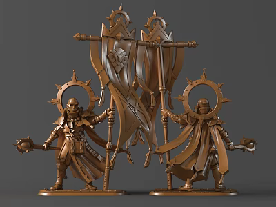 Two Golden Armored Knight Sculptures Holding Banners With Halos On Pedestals 3d model