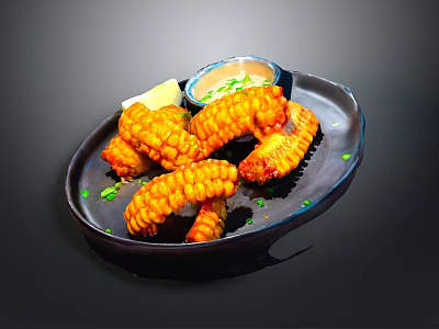 Stylish Black Ceramic Plate With Small Dip Bowl And Fresh Lemon Garnish Decoration 3d model