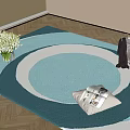 Elegant Square Rug with Turquoise and White Circular Patterns on Wooden Floor and White Flowers
