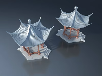 Traditional Chinese Double Doors Pavilion With Blue Roof And Copper Pillars Design 3d model
