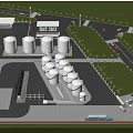Industrial Plant with Multiple White Storage Tanks Green Lawns Roads and Vehicles