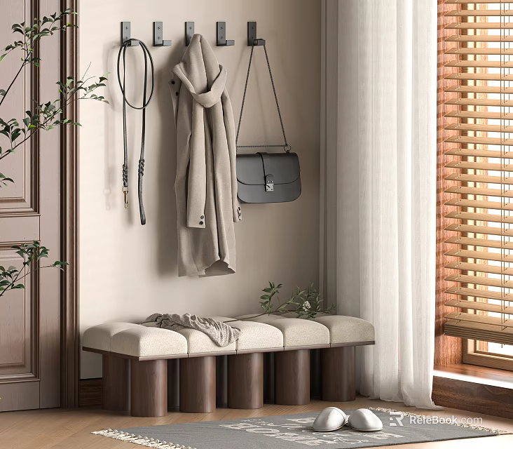 Wooden Shoe Bench With Upholstered Seat In Entryway With Coat Hooks Blinds And Plants 3d model 